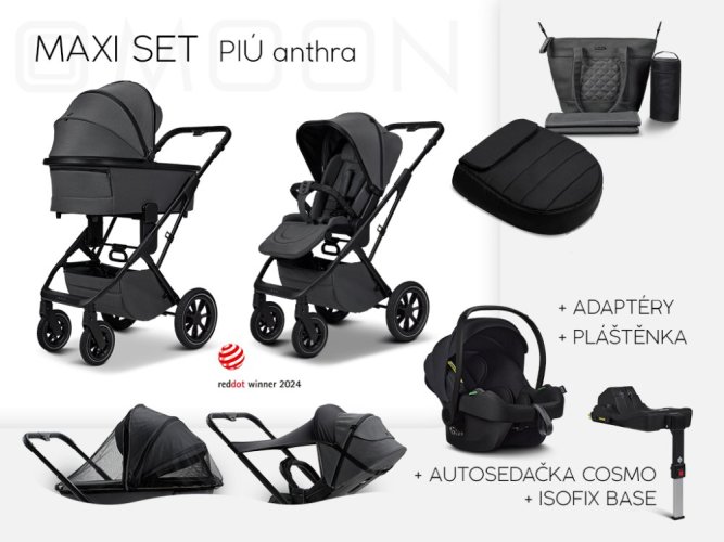 Trojkombinace kočárku Moon PIÚ Maxi set s bází 2025 - Black matt - Varianta: Black matt - TONKA