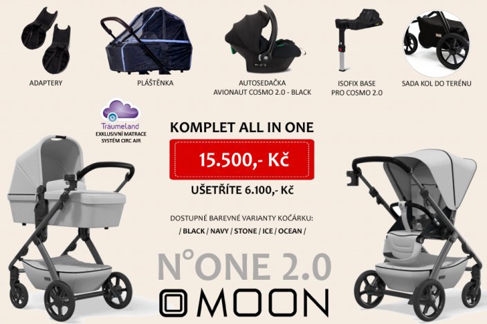 Trojkombinace kočárku Moon N ONE 2.0 ALL IN ONE s doplňky a bází 2024