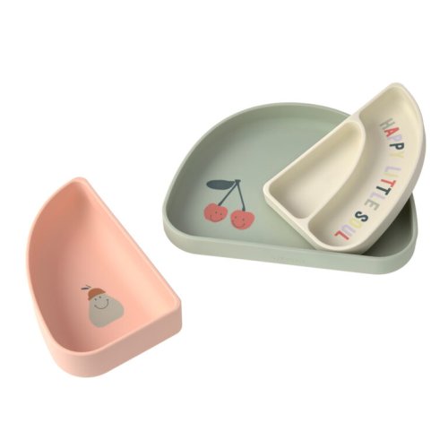 Silikonový jídelní set Lässig HAPPY FRUITS 2025 - Varianta: LÄSSIG Dish Set Silicone Section Happy Fruits 2025 cherry