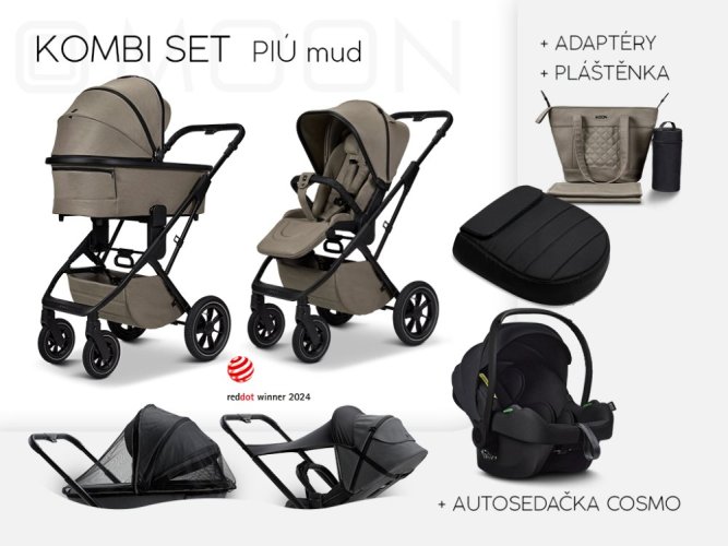 Trojkombinace kočárku Moon PIÚ Kombi set 2025 Black matt