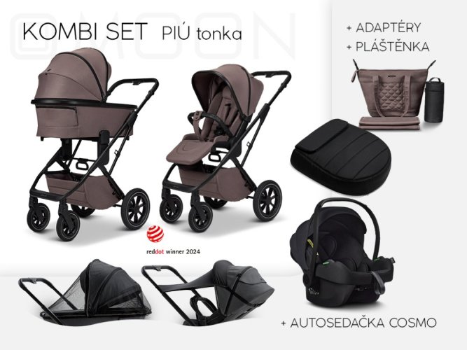 Trojkombinace kočárku Moon PIÚ Kombi set 2025  - Black matt - Varianta: Black matt - TONKA