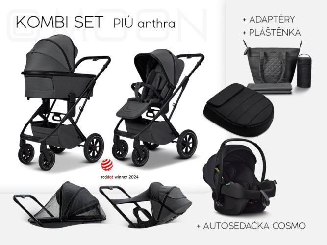 Trojkombinace kočárku Moon PIÚ Kombi set 2025  - Black matt - Varianta: Black matt - TONKA